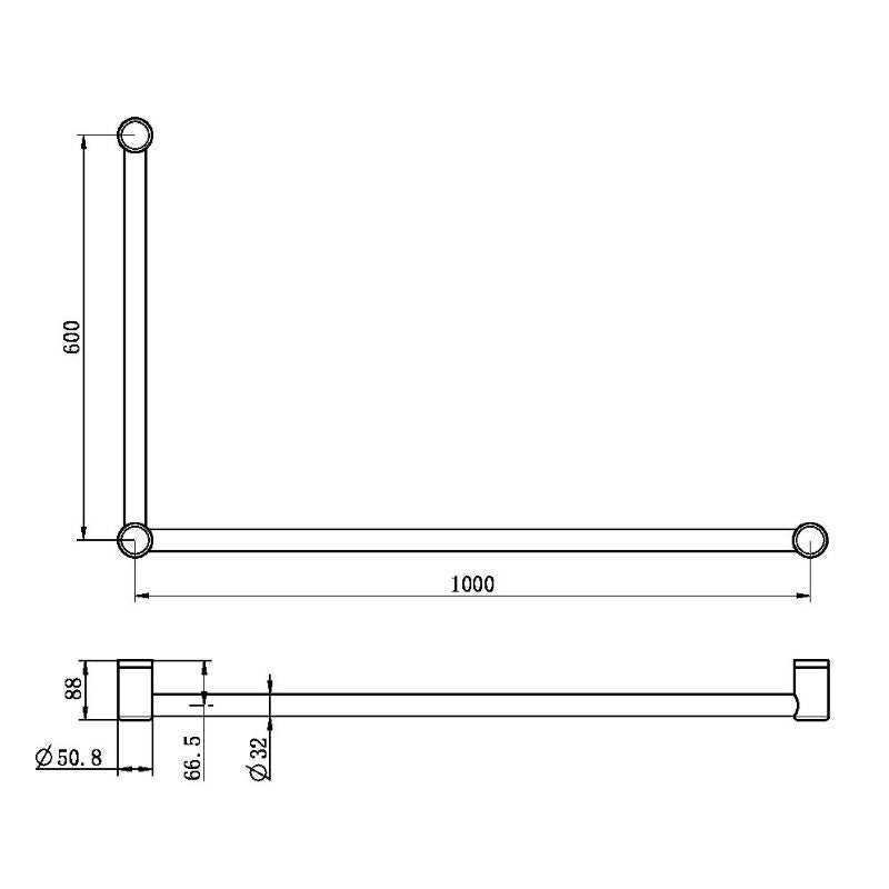 Calibre Mecca 32mm DDA AS1428 Compliant Toilet Grab Rail Set, Mod Angled 90 Degree, 600x1000 Grab Rail + (R0130) Mod 300mm Grab Rail