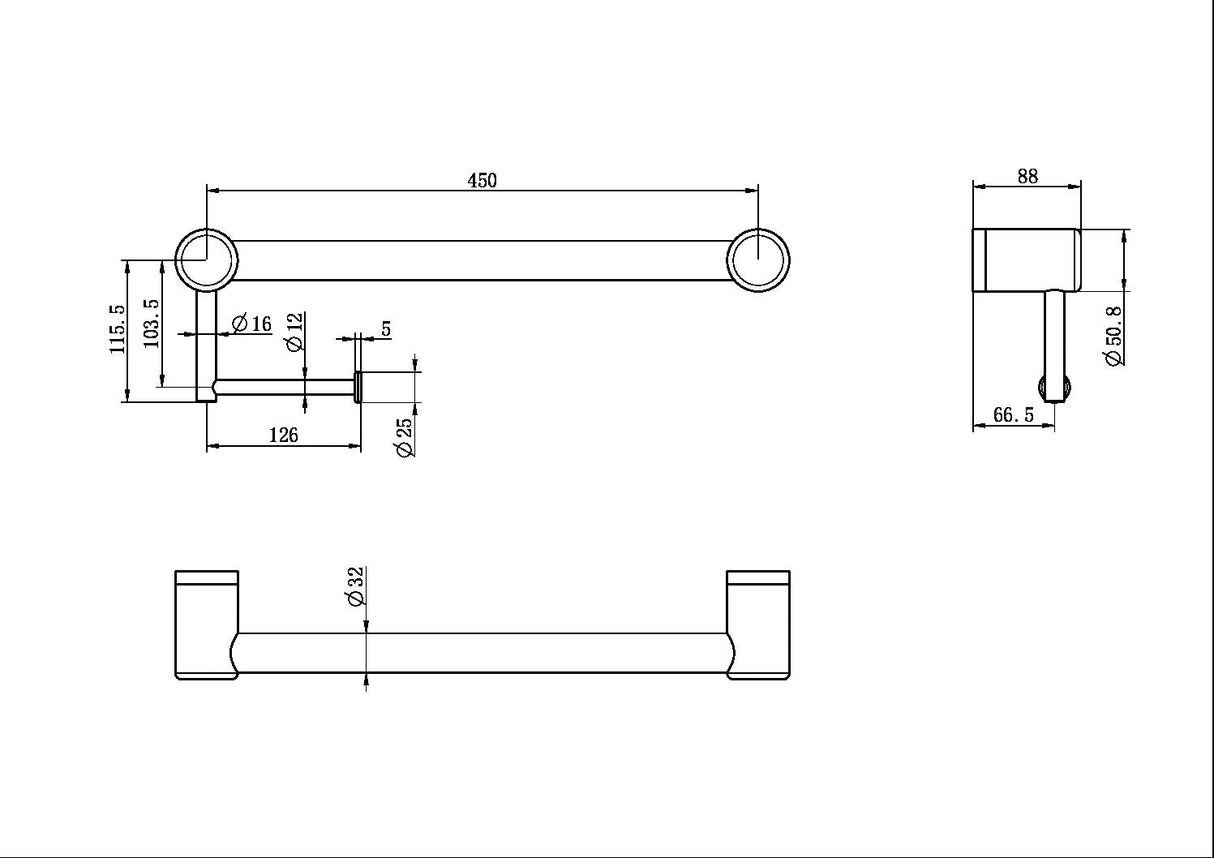 Calibre Mecca 32mm Grab Rail With Toilet Roll Holder
